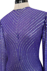 Incredible Late 1970s Halston Purple Transparent Silk Chiffon Dress w Iridescent Sequins