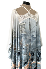Spectacular 1970s Jean Varon Crane Print Jersey Caftan Dress w Hand Crocheted Collar