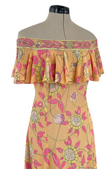 Prettiest 1960s Emilio Pucci Pink & Yellow Print on Peach Silk Chiffon Ruffled Off Shoulder Dress