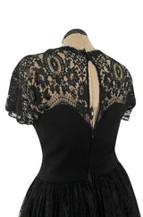 Gorgeous Late 1970s Pauline Trigere Black Wool Crepe Dress w Lace Skirt & Shoulders