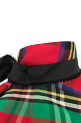 Early 1970s Geoffrey Beene Boutique Red Plaid Holiday Silk Taffeta Dress