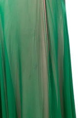 1960s Unlabeled Multiple Layered Pink & Green Chiffon Swing Maxi Dress