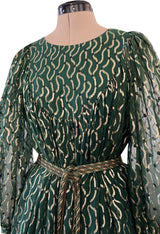 Extraordinary 1970s Christian Dior by Marc Bohan Gold Metallic Green Silk Chiffon Dress w Rope Belt