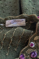 Prettiest 1980s Wolkenstricker Moss Green Colour Hand Knit Cardigan Sweater w Pink Floral Details
