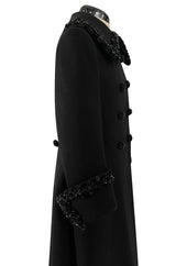 Glamorous 1960s Tailored Black Wool Coat w Densely Beaded Cuffs Collar & Buttons