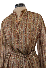 Fall 1977 Oscar De La Renta Feather Light Metallic Chiffon Dress & Extra Long Sash