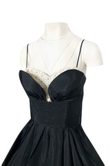 1950s Unlabeled Black Full Circle Skirted Silk Dress w Daisy Applique Bust