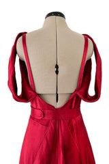 Stunning 1930s Hammered Silk Satin Deep Red Dress w Low Back & Unusual Sleeves