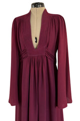 1970 Ossie Clark 'Graduation' Front Plunge Dress in a Burgundy Moss Crepe
