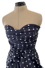 1980s Loris Azzaro Deep Blue Silk Strapless Dress w White Dots & Unusual Skirt