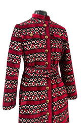 1960s Davidow Red Black & White Fused Cut Velvet Dream Carpet Coat w Matching Belt
