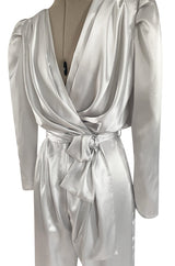 Amazing 1980s Flora Kung Pale Silver Satin Jumpsuit w Plunge Neckline & Tie Waist