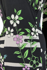 Prettiest 1970s Hanae Mori Printed Black & Green Floral Easy to Wear Jersey Dress