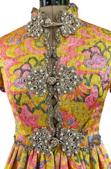 Exceptional 1968 Oscar de la Renta Documented Metallic Silk Brocade Dress w Silver Cording Detail