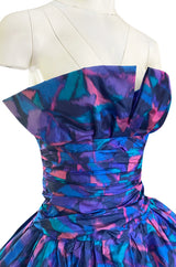 1987 Nina Ricci Multi Colour Printed Silk Taffeta Tiered Ruffled Mini Dress