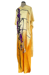 Extraordinary 1970s Holly's Harp Hand Painted Silk Multi-Wear Dress w Metallic Accents & Applique