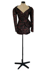 2019 Attico Micro Mini Red Metallic Rose Print Wrap Dress w Pouf Sleeves