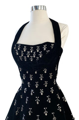 Incredible 1950s Ceil Chapman Jewelled Rhinestone Tear Drop Black Velvet Shelf Bust Dress