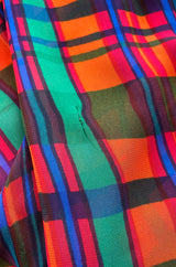 1970s Mollie Parnis Boutique Plaid Coral Blue & Green Print Chiffon Dress