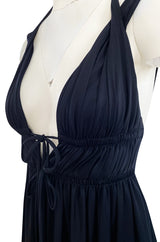 1970s Frank Usher Black Jersey Maxi Dress w Deep Front Plunge & No Back