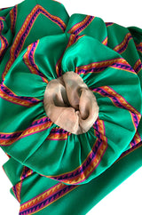 1970s Pauline Trigere Green Striped Silk Dress w Unusual Sleeves