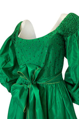 1960s Richiline Emerald Green Silk Dress w Pouf Sleeves & Rhinestone Detail