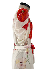 Incredible Numbered 1930s Huge Coral Flower Print Bias Cut Silk Chiffon Ivory Dress