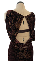 Documented Fall 2004 Richard Tyler Brown Printed Floral Velvet & Beaded Dress w Train & Plunge Back