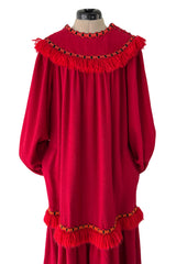 Runway Fall 1977 Yves Saint Laurent Red Wool Smock Dress w Fringe Yarn Detail