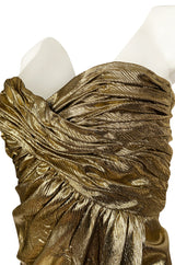 1970s Robert David Morton Gold Lame Strapless Gathered Bodice Dress