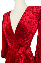 1985 Yves Saint Laurent Red Crushed Velvet Wrap Plunge Dress