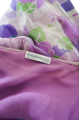 1970s George Stavropoulos Couture Floral Print Purple Silk Chiffon Maxi Dress