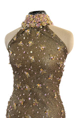 Incredible 1990s John Anthony Couture Gold Lame Mesh Beaded Dress w Beaded Choker