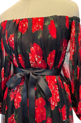 Documented Fall 1994 Yves Saint Laurent Silk Chiffon Off Shoulder Dress w Bold Red Rose Print