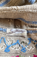 Wonderful 1980s Wolkenstricker Natural Linen Flax Colour Hand Knit Cardigan Sweater w Floral Details