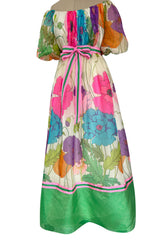 Prettiest 1970s Victoria Royal Off Shoulder Silk Gazaar Floral Print Dress w Ribbon Belt