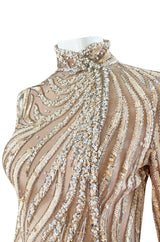 1980s Bob Mackie Ivory Sequin & Nude Stretch Net High Slit Dress