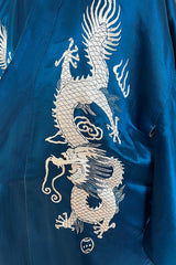 Decadant 1920s Unlabeled Deep Blue Silk Kimono w Hand Embroidered Dragons