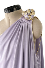 1981 Bill Tice Lilac One Shoulder Jersey Dress w Gold Lame Flower Detailing