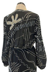 Sexy 1982 Fabrice Simon Black Densely Beaded Silk Chiffon Dress w Plunge Front