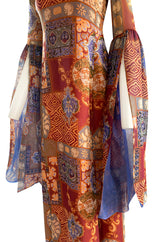 Spectacular 1960s Tina Leser Original  Printed Silk Voile Extra Long Angel Sleeve Dress