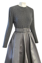 1980s Oscar de la Renta Soft Grey Cashmere & Striped Silk Skirt Dress w Matching Shawl
