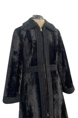 Fabulous 1960s Zip Front Flat Pile Faux Fur Black Coat w Wide Braided Edging Details