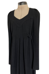 Incredible 1960s Ossie Clark Black Moss Crepe Dress w Capped Shoulders