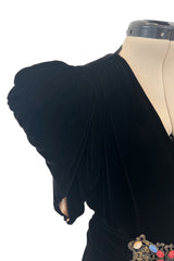 Incredible 1930s Black Silk Velvet Wrap Bias Cut Dress w Elaborate Metal & Bead Belt