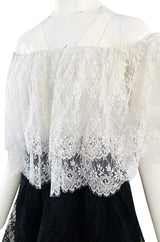 Prettiest 1970s Alfred Bosand Black & White Lace Tiered Off Shoulder Full Length Dress