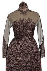 Extraordinary 1990s John Anthony Couture Deep Bronze Lace & Black Silk Netting Full Skirted Dress