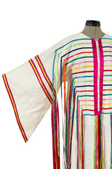 Joyful 1960s Josefa Mexico Rainbow Ribbon on Ivory Cotton Caftan Dress w Zip Front
