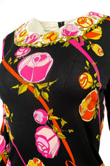 1960s Emilio Pucci Prettiest Pink Floral Print & Black Silk Jersey Dress