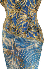 1980s James Galanos Gold Lame Blue Dress w Heavily Sequinned & Jewelled Strapless Bodice